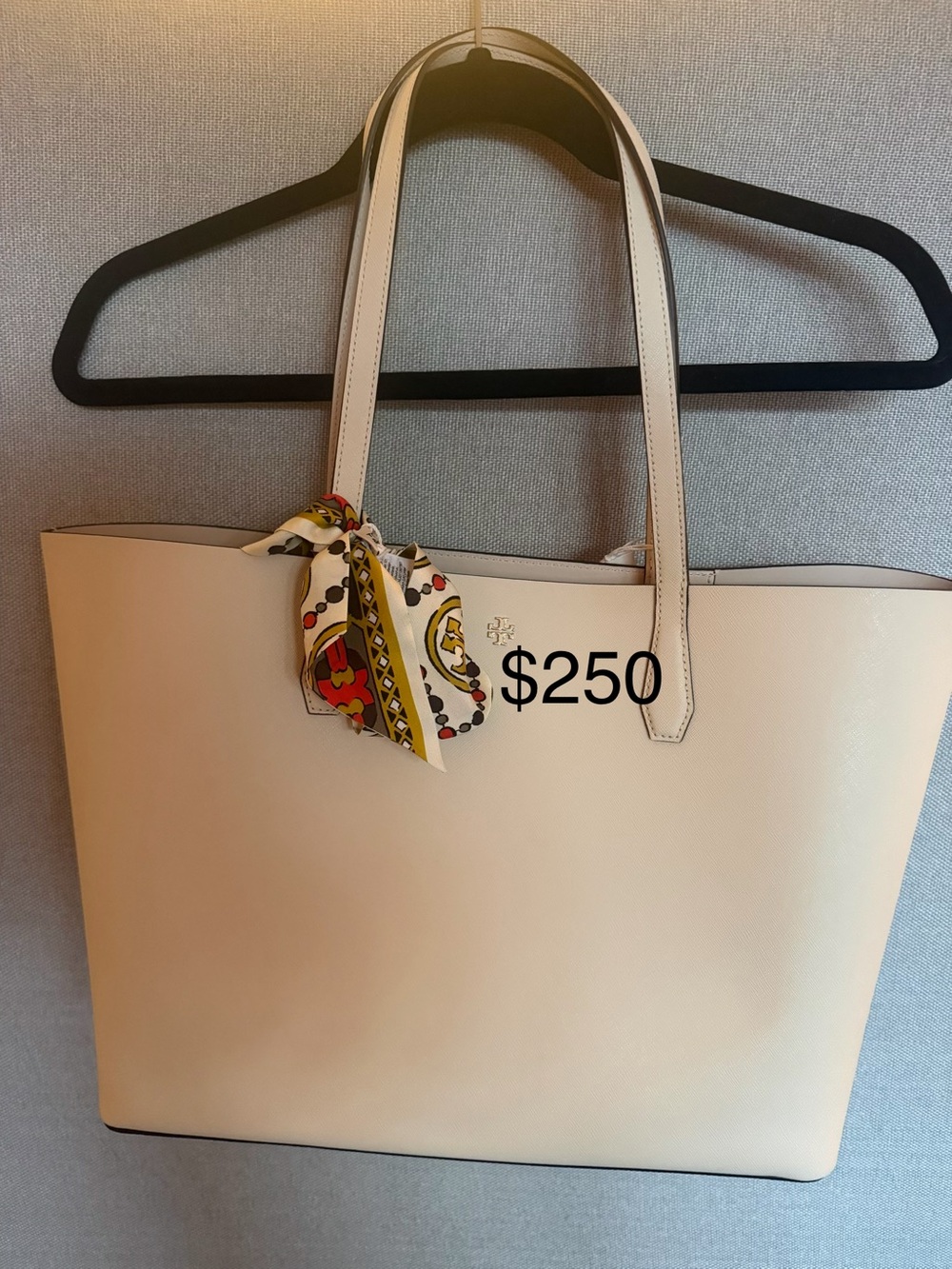 Cream Leather Tote Bag with Scarf Accent